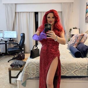 Red Sequin Gown with Purple Gloves